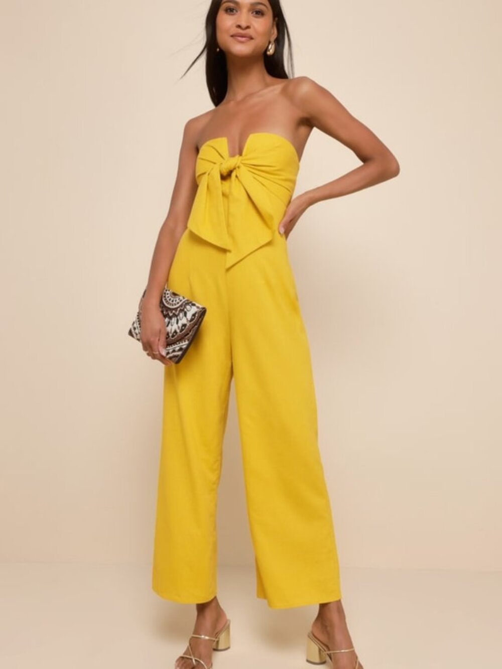 Lulus Sunshine Aura Mustard Yellow Tie-front Strapless Jumpsuit - Size M